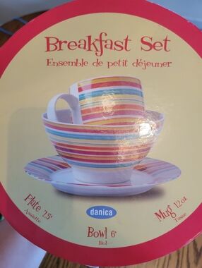 Danica Breakfast Set - Multicolor Striped Dining Set Mug Bowl Plate ~ Colorful!